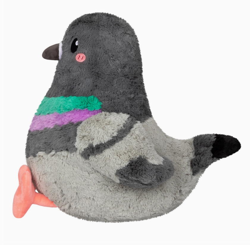 Plush bird with dark gray head, bright green and purple chest stripes, light gray body, and soft coral feet facing right