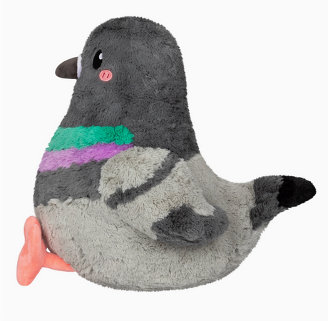 Plush bird with dark gray head, bright green and purple chest stripes, light gray body, and soft coral feet facing right