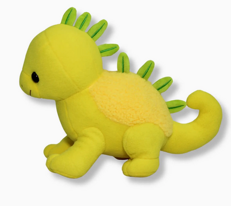 Bright yellow plush dinosaur with green fabric spikes and soft textured back patch on white background