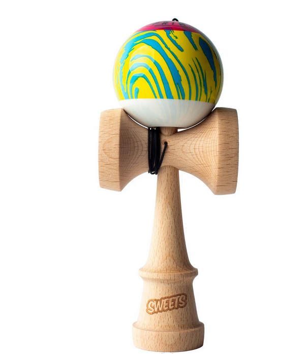 Kendama Grain Split CMYK wooden skill toy with yellow and blue swirled ball and natural wood handle