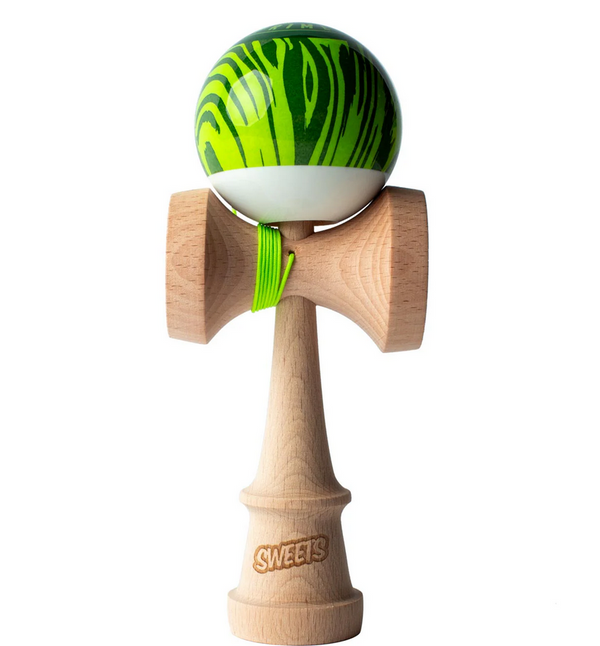 Kendama Grain Split Veggie wooden skill toy with natural wood handle and green striped ball