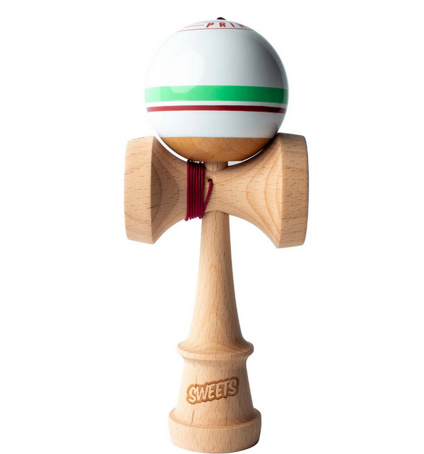 Kendama Sport Stripe | Avalanche wooden skill toy with white ball green and red stripes and natural wood handle