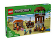LEGO Minecraft set with a watchtower, small building, characters, pig, and a large mechanical creature on grassy terrain