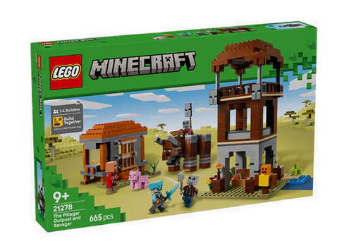 LEGO Minecraft set with a watchtower, small building, characters, pig, and a large mechanical creature on grassy terrain