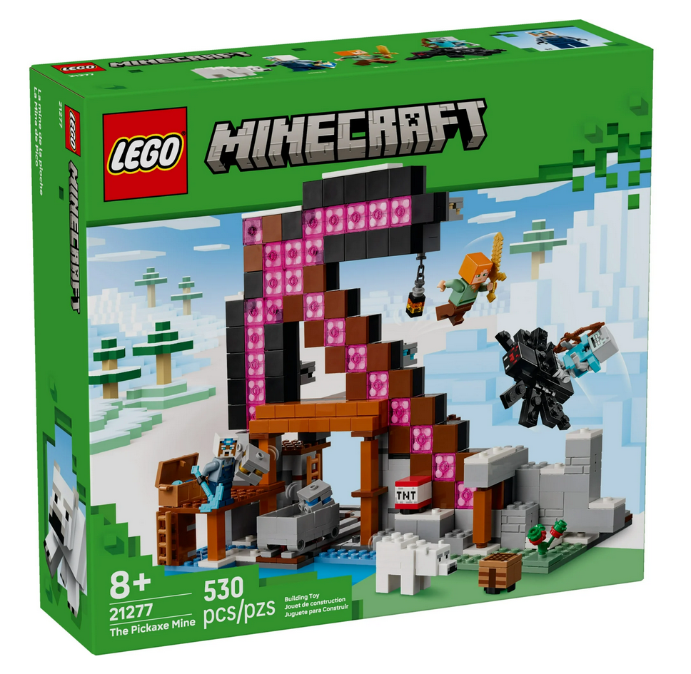 LEGO Minecraft set featuring a pixelated pickaxe, two characters, a spider, and mine-themed accessories in a snowy landscape background