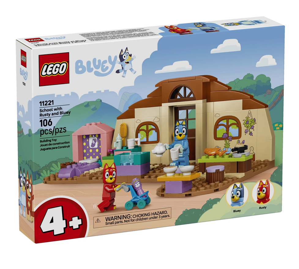 Bluey School with Rusty & Bluey LEGO building set box featuring a school playset and character figures