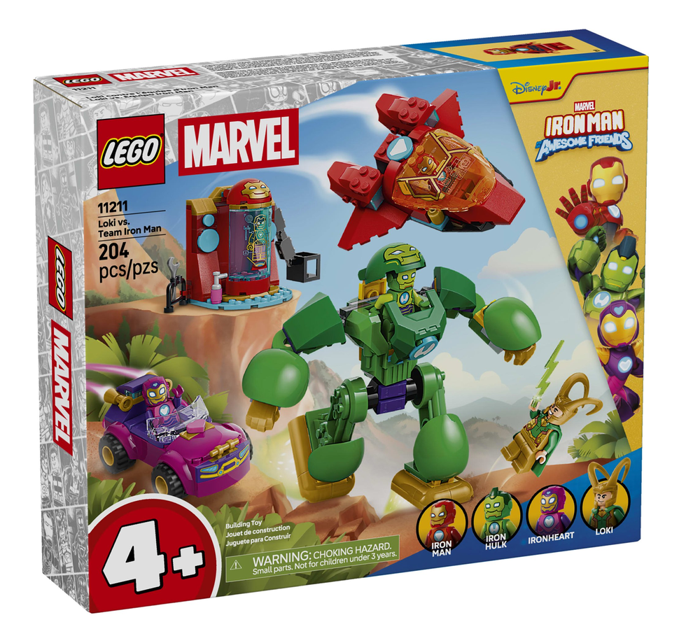 Super Heroes Marvel Loki vs Team Iron Man toy set box featuring Marvel characters and buildable vehicles