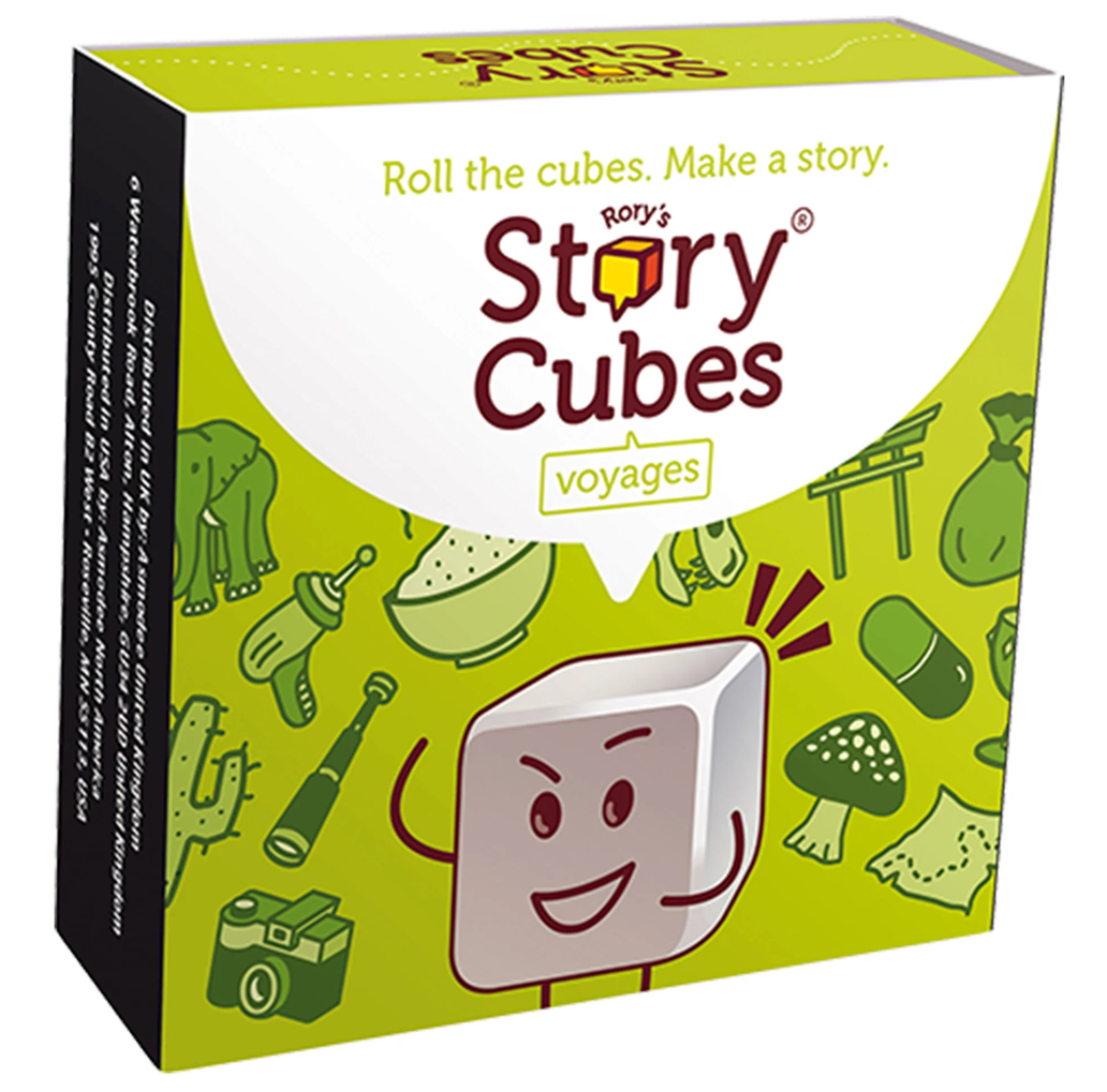Rory's Story Cubes | Voyages game box with illustrated story cubes and travel themed icons
