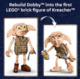 Harry Potter Dobby the Free Elf figure shown in two playful poses beside LEGO bricks