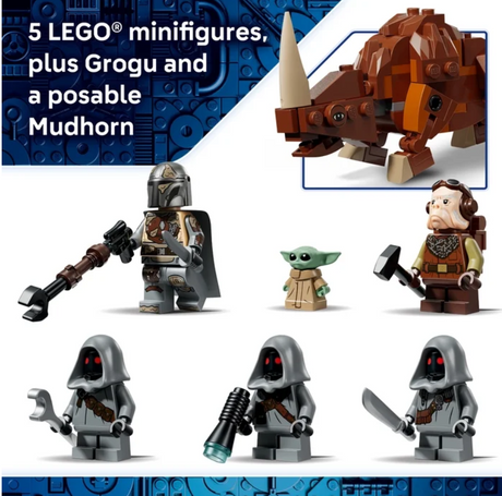 Star Wars Offworld Sandcrawler and Mudhorn LEGO set with minifigures and Grogu