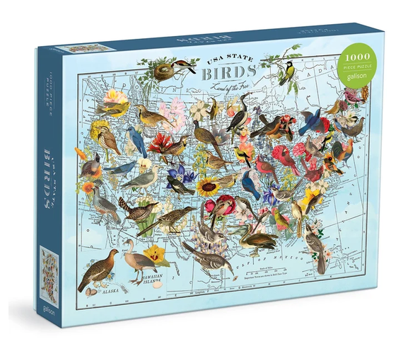 1000pc USA State Birds Puzzle featuring illustrated birds across a US map