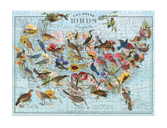 1000pc USA State Birds Puzzle featuring colorful illustrated birds across a United States map