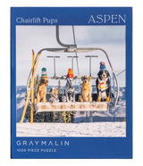 1000pc Chairlift Pups Aspen Puzzle featuring dogs riding a snowy ski lift