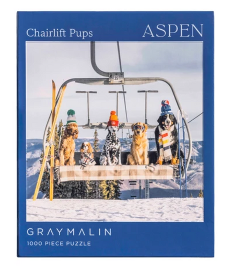 1000pc Chairlift Pups Aspen Puzzle featuring dogs riding a snowy ski lift