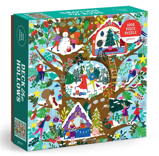 1000pc Deck the Hollows Puzzle box featuring colorful woodland holiday scenes and playful animal characters