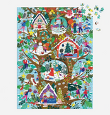 1000pc Deck the Hollows Puzzle showing a colorful woodland holiday scene with treehouses and festive characters