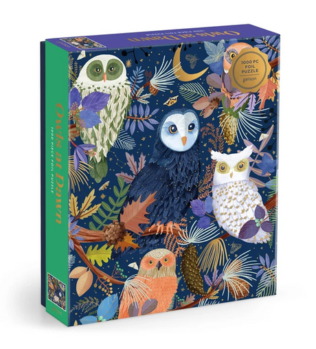 1000pc Owls at Dawn Foil Puzzle featuring colorful owls and woodland foliage