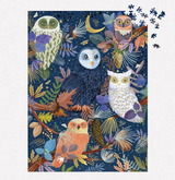 1000pc Owls at Dawn Foil Puzzle featuring colorful owls among moonlit foliage