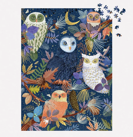 1000pc Owls at Dawn Foil Puzzle featuring colorful owls among moonlit foliage