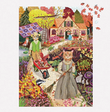 1000pc Cottage Cats Puzzle featuring cats gardening in a colorful cottage garden scene