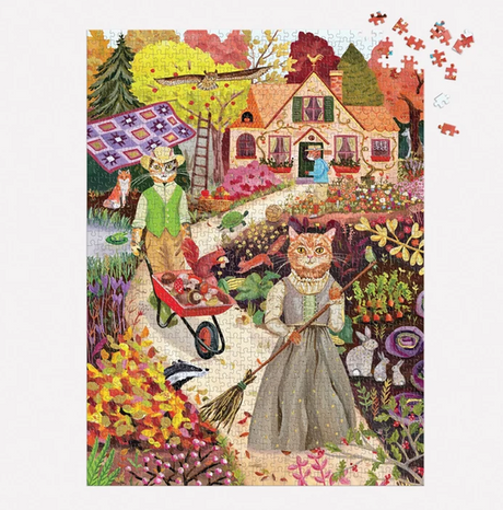 1000pc Cottage Cats Puzzle featuring cats gardening in a colorful cottage garden scene