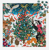 500pc Woodland Merrymakers Foil Puzzle featuring festive woodland animals and a decorated Christmas tree