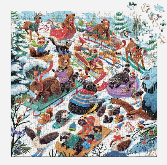 500pc Dashing All the Way Puzzle featuring festive woodland animals sledding in a snowy winter scene