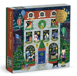 500pc Twilight Toy Shop Foil Puzzle featuring a festive toy shop scene with snowy windows and holiday decorations