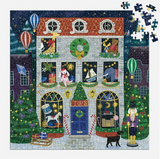 500pc Twilight Toy Shop Foil Puzzle featuring a festive illuminated toy shop scene