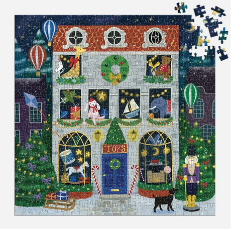 500pc Twilight Toy Shop Foil Puzzle featuring a festive illuminated toy shop scene