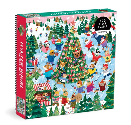 500pc Winter Whirl Family Puzzle colorful festive winter scene puzzle box with Christmas tree and playful characters