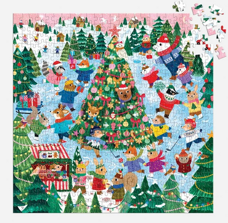 500pc Winter Whirl Family Puzzle featuring festive animals around a decorated Christmas tree