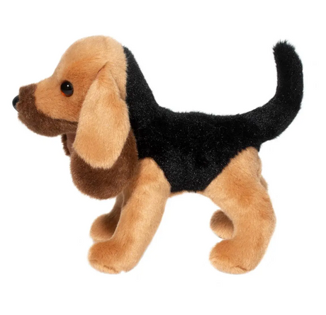 Soft plush Bloodhound stuffed animal with floppy ears and black tail, named Bloodhound Trapper, perfect for kids.