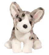 Corgi Codie plush with soft blue merle fur, amber eyes, and oversized ears, perfect for cuddling and play.