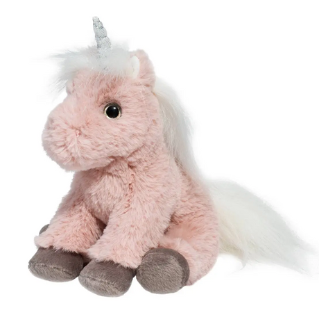Unicorn Melodie mini soft pink unicorn plush with silver horn, gray hooves, white mane, seated pose, and floppy feel.