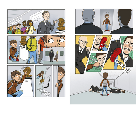 Spy School the Graphic Novel comic panels showing Ben Ripley navigating a museum and confronting agents in an action scene.