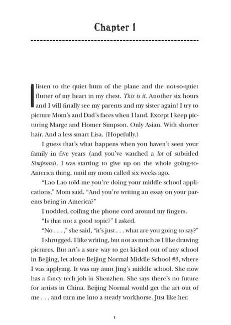 Page from the book "Finally Seen" showing chapter one text about Lina’s journey to America.