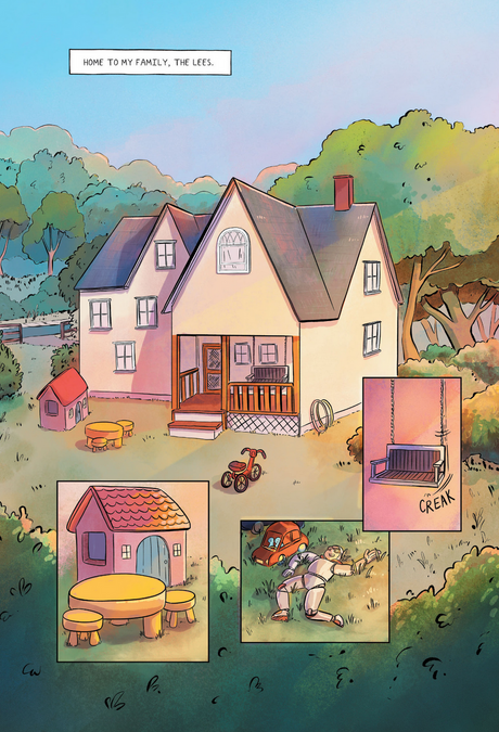 Illustration of a family home and backyard with playhouse, swing, and children for the book Squished.