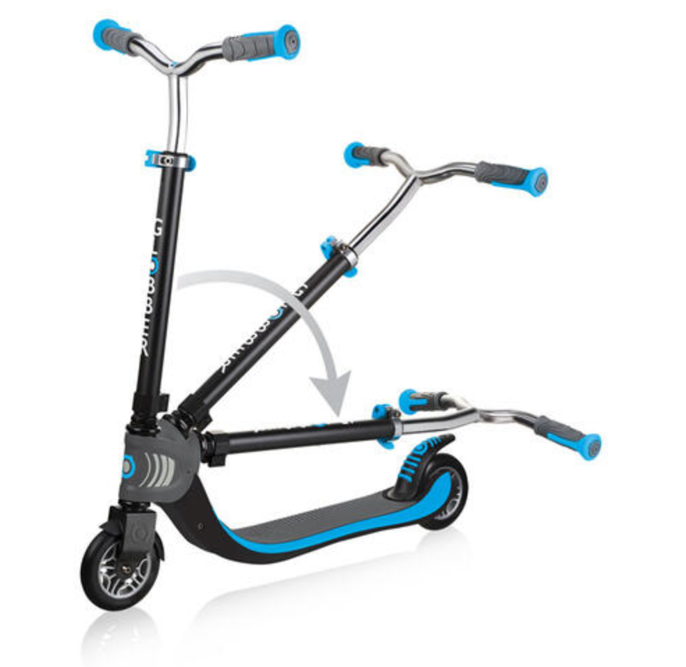 Scooter Flow Fold | Blue showing foldable design with adjustable handlebars and blue grip tape on a black frame.