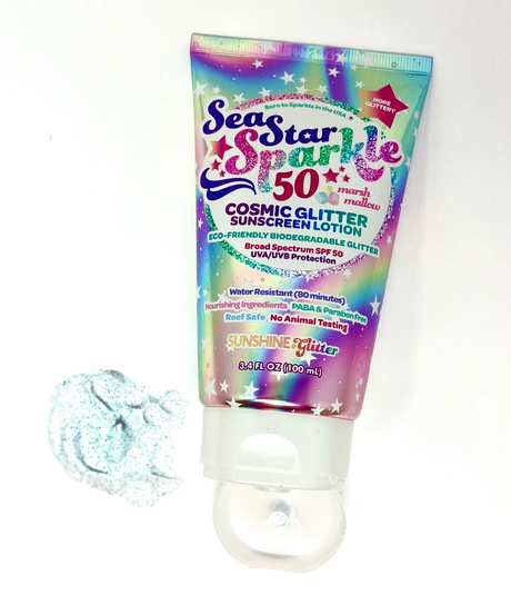Sea Star Sparkle Cosmic Marshmallow Bio Glitter Sunscreen SPF50 with eco-friendly biodegradable glitter and marshmallow scent.