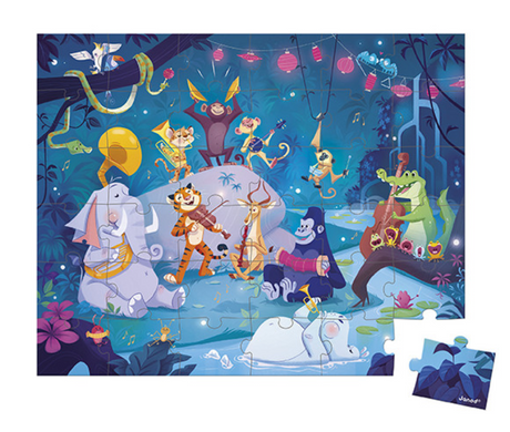 36pc Summer Festivities Suitcase Puzzle showing jungle animals playing musical instruments in a colorful nighttime scene.