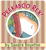 Peekaboo Rex board book cover with a playful T. rex hiding behind a tree, by Sandra Boynton.