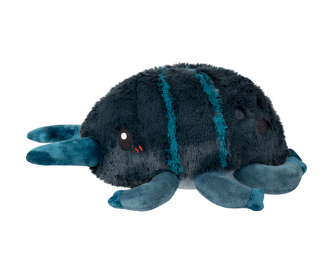 Soft and cuddly Stag Beetle Mini plush toy in dark blue with teal stripes, perfect for kids ages 0 and up.