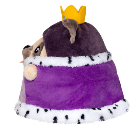 Undercover Pug in Queen plush wearing a purple royal cape and yellow crown, soft polyester fiber toy.