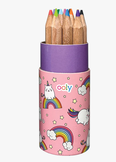 Draw 'n Doodle Mini Colored Pencils & Sharpener in a pink unicorn and rainbow cardboard tube with 12 vibrant colors.
