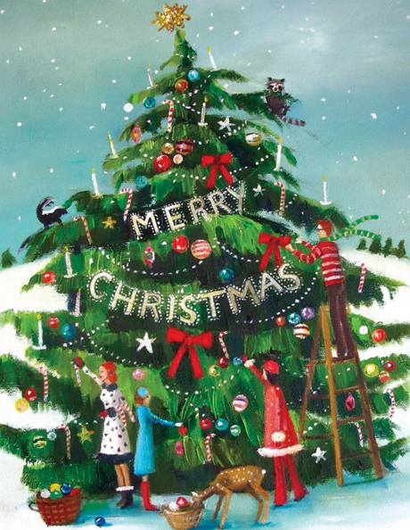 1000pc The Peppermint Family Puzzle showing a festive family decorating a large Christmas tree with ornaments and candy canes.