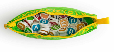 Bananagrams | My First lowercase letter tiles and combo-letter tiles inside a green and yellow pouch for early learners.