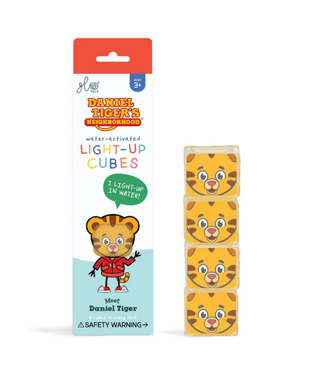 Glo Pals Daniel Tiger's Neighborhood water-activated light-up cubes featuring Daniel Tiger character faces.