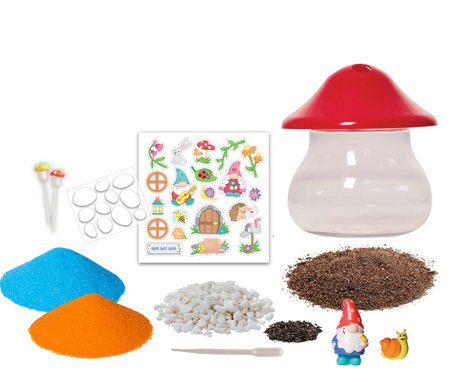 Plant & Grow Woodland Forest terrarium kit with mushroom container, chia seeds, colorful sand, stickers, gnome and snail figurines.