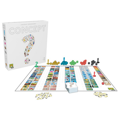 Concept board game with colorful icons and pieces laid out for a fun, easy-to-learn communication game.